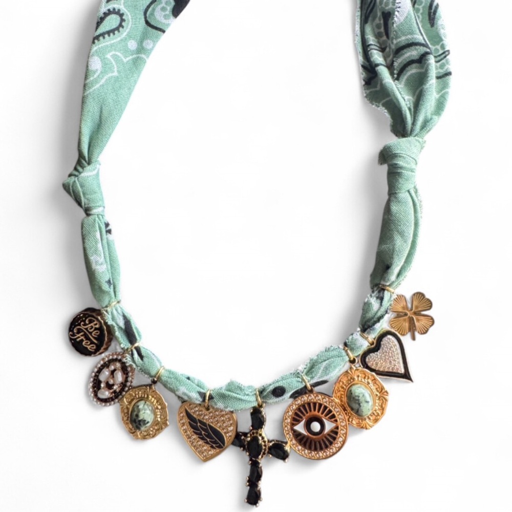 Green Bandana Necklace with Charms